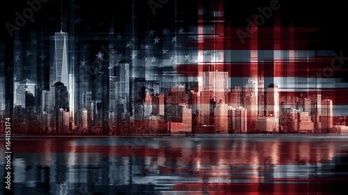 Abstract Urban Skyline with American Flag Overlay Reflecting Architectural Modernity and Heritage