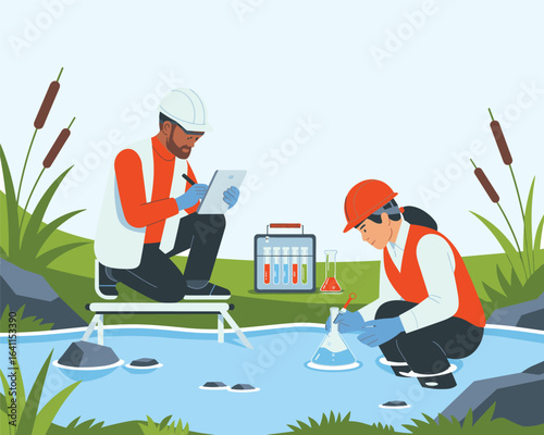 Environmental scientists conducting water quality analysis and research in a natural setting.