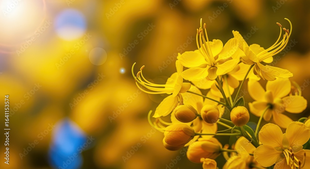 Fototapeta premium Close-up of Bright Yellow Cassia Flowers in Bloom with Sunlight Flare, Perfect for Nature and Summer Themes