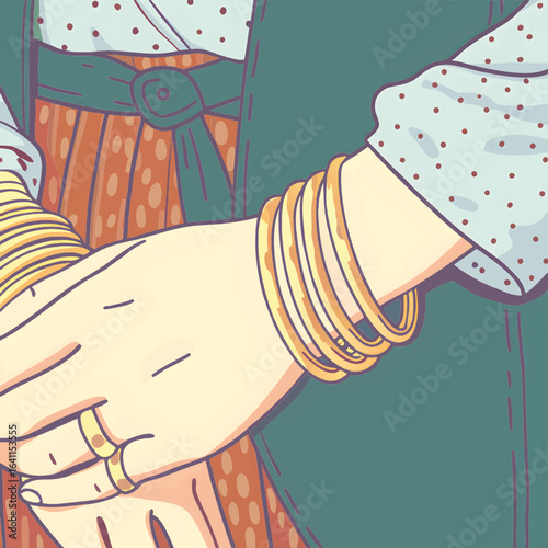 Jewelry Close-Up of Hand with Rings and Gold Bangles – Elegant Accessory Fashion Photography