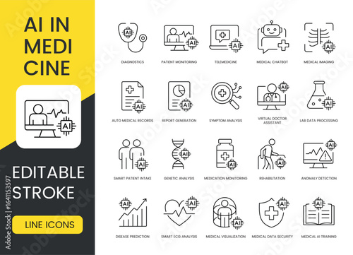 A set of vector icons representing AI applications in medicine and healthcare, created in line style with editable stroke