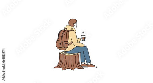 Minimalist Illustration of a Man with Backpack Sitting on a Tree Stump enjoying Coffee break for Outdoor Adventure and Leisure Activities