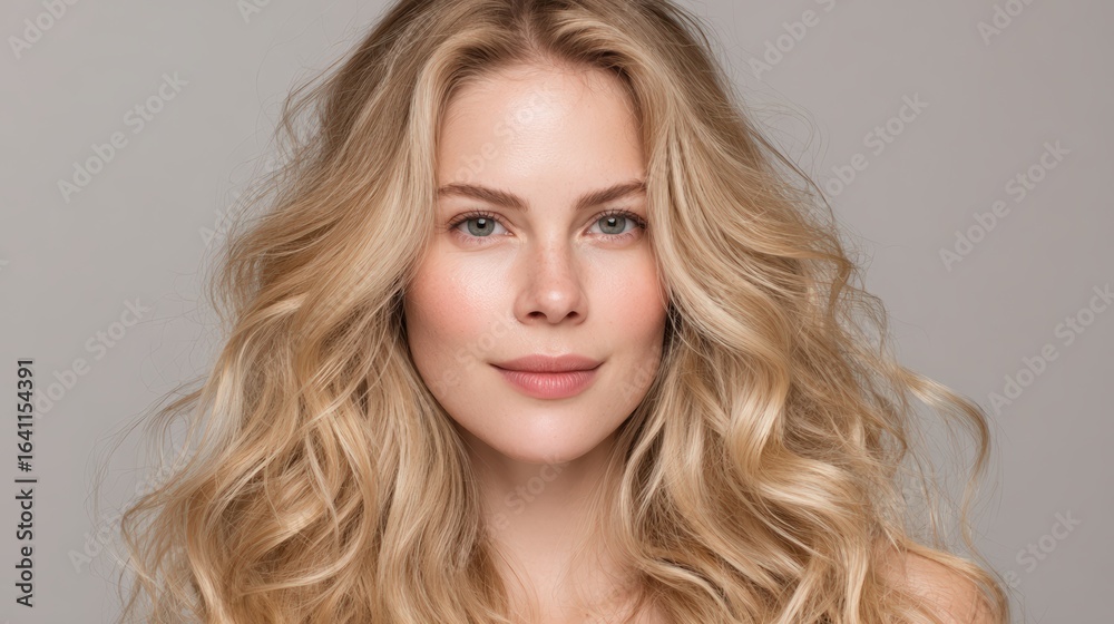Elegant blonde woman with voluminous wavy hair posing gracefully in soft studio light, showcasing healthy curls, radiant shine, and sophisticated beauty for haircare, fashion, and cosmetology branding Elegant blonde woman with voluminous wavy hair posing gracefully in soft studio light, showcasing healthy curls, radiant shine, and sophisticated beauty for haircare, fashion, and cosmetology branding