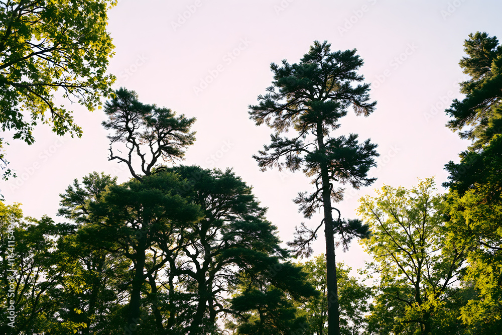 Fototapeta premium Sunlit Canopy Forest Majesty of Trees and Sky Serene Green View