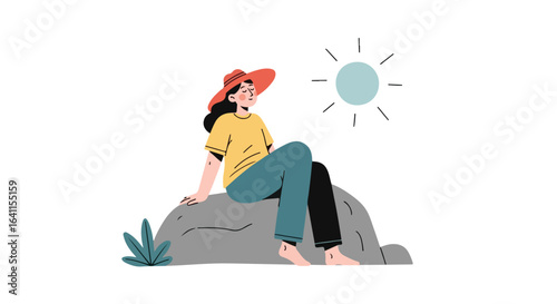 Photos Serene Woman enjoying Sun, Sitting on Rock for Relaxing Vacation Scene, Promoting Leisure Activities and Outdoor Recreation in Travel and Tourism Projects