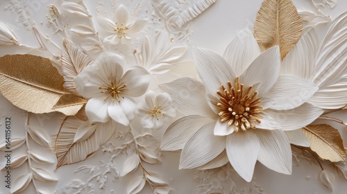 A beautiful composition of white and golden flowers, leaves on a white background