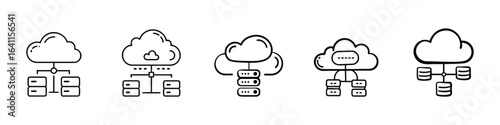 Cloud Computing Icon Set – Data Storage, Networking, Server Technology, Cloud Computing and Server Icons, Flat outline cloud computing icon set showing data storage, networking, server technology