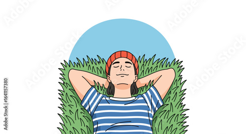 Serene illustration of a person relaxing outdoors in the grass, perfect for conveying relaxation, mindfulness, or a break from daily routines. Suitable for wellness blogs, and mental health resources