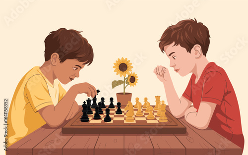 Two thoughtful boys engaged in a friendly game of chess. Vector illustration.