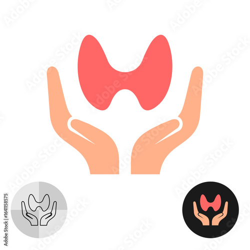 Thyroid gland care icon. Two hand holding human organ logo. Simple silhouette minimalistic style medical health theme illustration