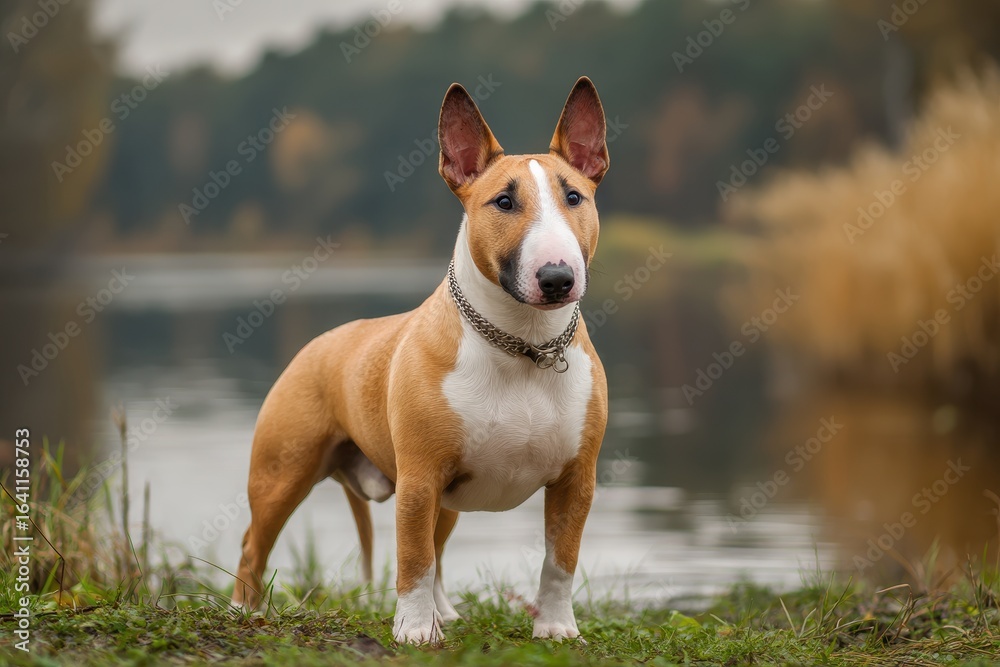 Charming English Bull Terrier Pooch Posing in a Lush Park Setting Charming English Bull Terrier Pooch Posing in a Lush Park Setting