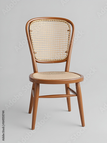 Mid-century wooden chair with woven cane backrest and seat. 3d render.
