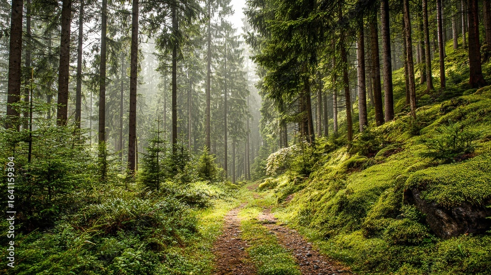 Obraz premium Lush Green Forest Trail with Tall Trees and Vibrant Moss, Ideal for Outdoor and Nature Themes