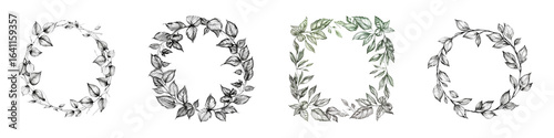 Botanical wreath collection with hand drawn leaves for invitations cards