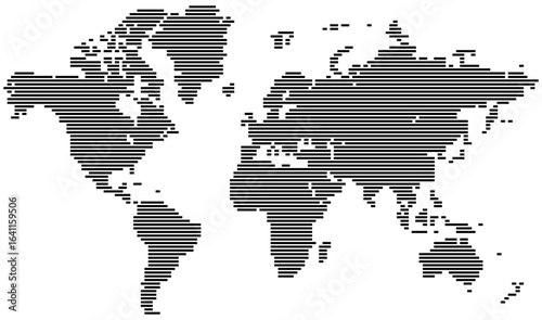 A global perspective with a horizontal line shape world map. An abstract design using square and circle dots. A modern atlas for geography and technology