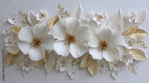 Exquisite handmade floral arrangement, white petals and golden accents, artful design
