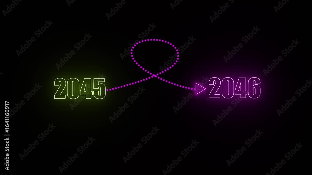 Neon numbers 2045 and 2046 connected by a dotted purple loop arrow on black background year future . 4k video