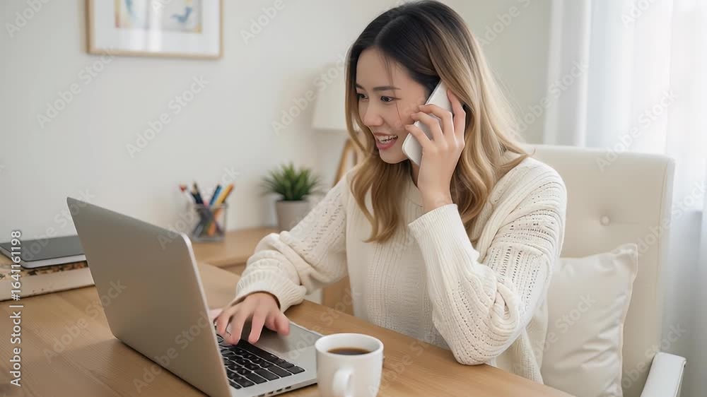 A woman talking on the phone while working on her laptop at a home office. A woman talking on the phone while working on her laptop at a home office.