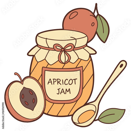 Illustration of Homemade Apricot Jam with Fresh Fruit and a Spoon