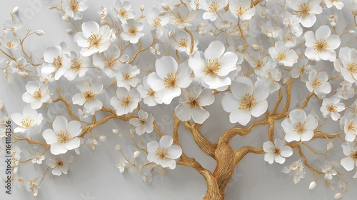 Elegant floral tree with white blossoms and golden branches on a gray background