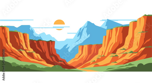 Abstract Grand Canyon Landscape with the sun in the sky vector drawing