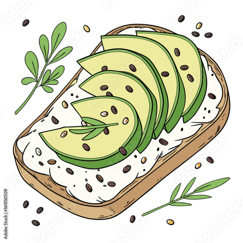 Delicious avocado toast with cream cheese and various toppings on a white background