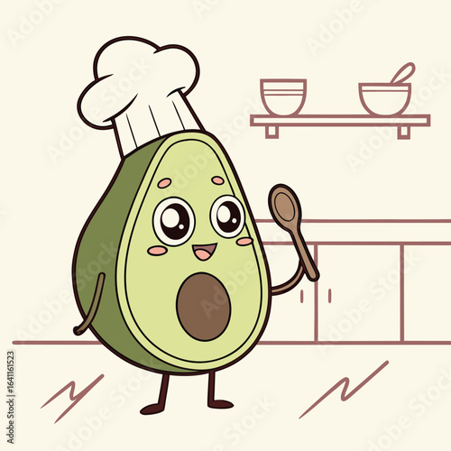 Cartoon avocado chef in a kitchen setting, ready to prepare a meal