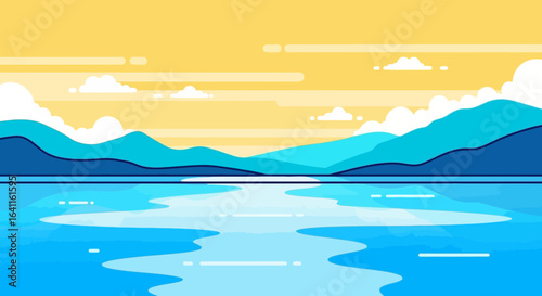 Abstract vector illustration of serene lake surrounded by mountains at sunset