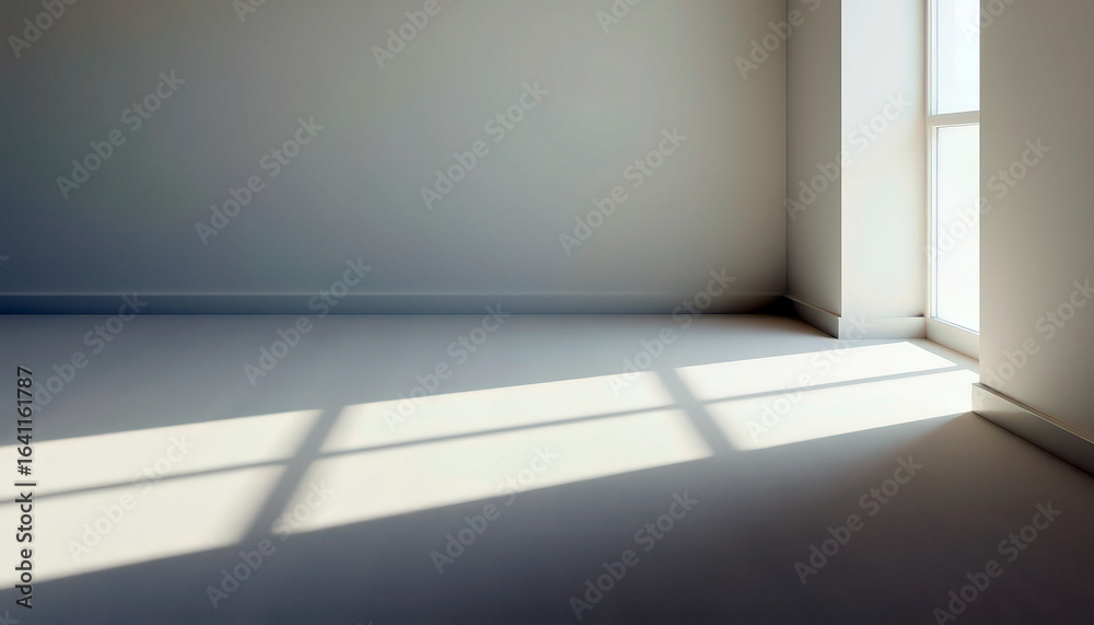 Fototapeta premium Sunlight casting shadows in empty room with copy space for minimalist interior design; light and space