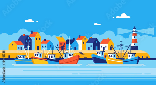 Colorful seascape view of a coastal village with fishing boats and lighthouse