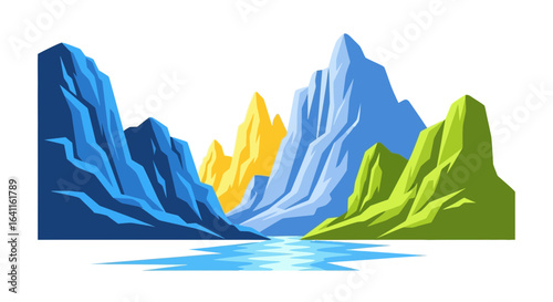 Colorful stylized mountain range landscape with river running through valley