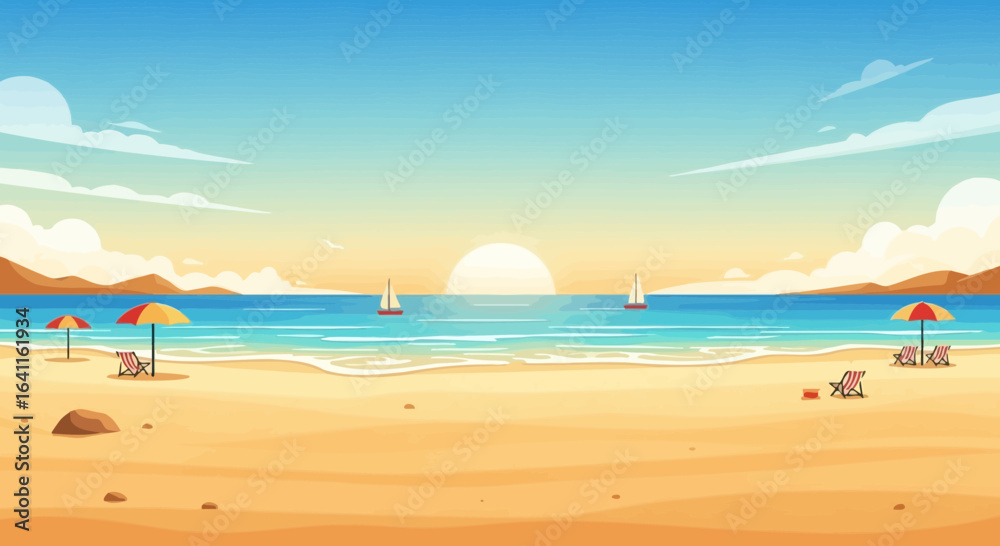 Naklejka premium Idyllic coastal scene with sailboats at sunset and beach chairs, Summer vibes