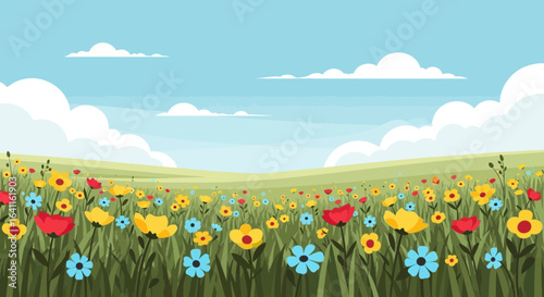 Floral Meadow Landscape with Blossoms under a Sunny Sky illustration