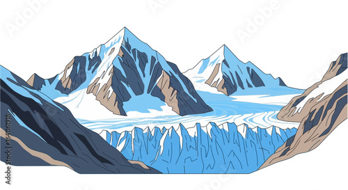 Glacial landscape illustration with towering peaks and icy formations