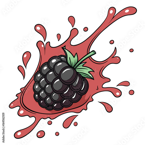 Illustration of a blackberry splashing in juice and surrounded by droplets