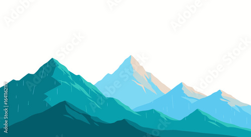 Minimalist mountain range illustration with falling rain and calming teal hues