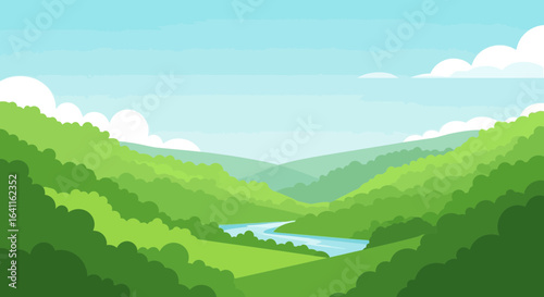Scenic River Valley Landscape with Verdant Hills and Clear Blue Sky