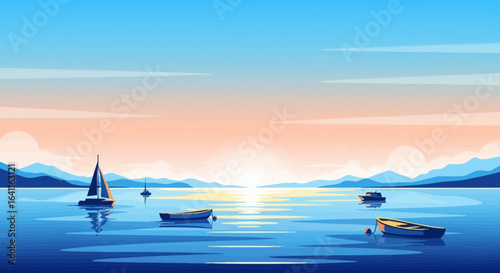 Tranquil seascape with sailboats and rowing boats at colorful sunset