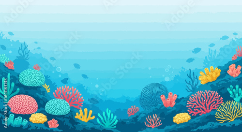 Tranquil underwater scene with vibrant coral reefs and marine life backdrop
