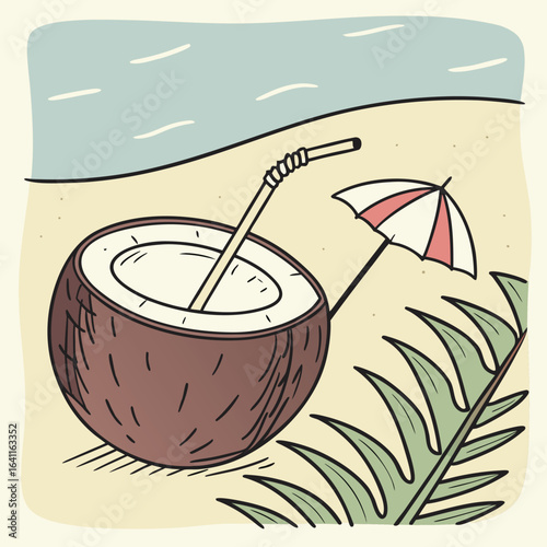 Refreshing tropical coconut drink with straw and umbrella on a sandy beach by a palm leaf, evoking the perfect serene summer vacation experience.