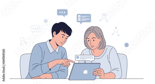 Two people, a younger man and an older woman, collaborate using a tablet with speech bubbles and icons floating around them.