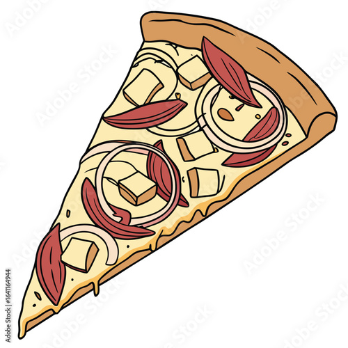Delicious Pizza Slice Illustration with Onion, Sausage, and Cheese Toppings
