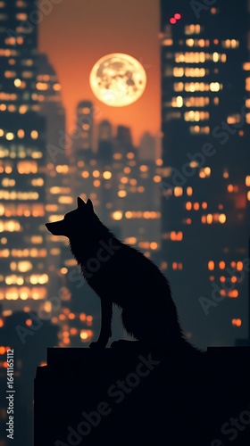 Wolf silhouette cityscape night