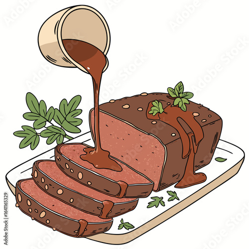 Cartoon illustration of meatloaf slices getting gravy poured on them on a tray