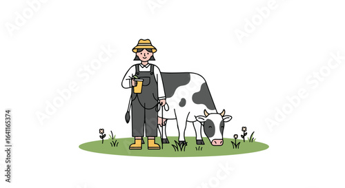 Cartoon illustration of a female farmer with a cow grazing in a field, ideal for use in educational materials, children's books, and agricultural presentations.