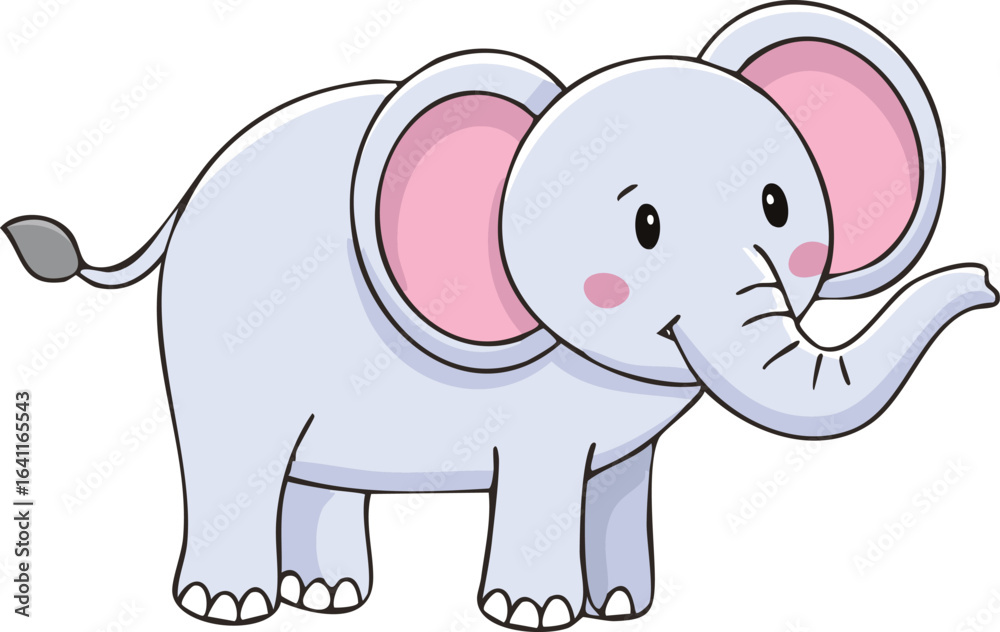 Naklejka premium Cartoon illustration of a cute, light-gray elephant with pink ears and a curled trunk.