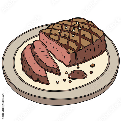 Delicious rare steak on plate, mouthwatering and perfectly seasoned illustration