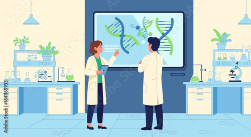 Two scientists in lab coats discussing DNA strands displayed on a large screen, surrounded by equipment.