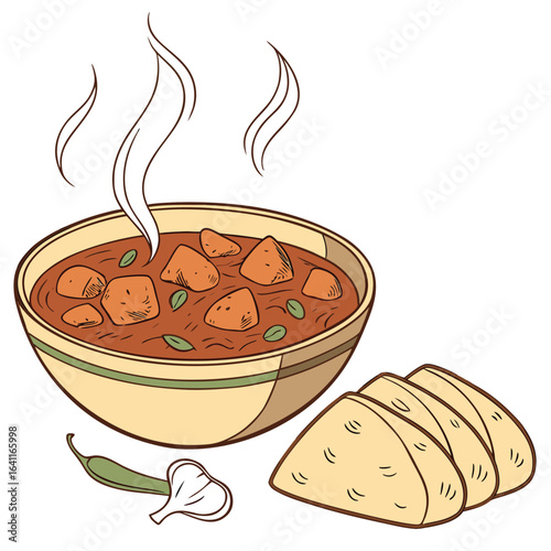 Delicious homemade Indian curry served in a bowl with naan bread