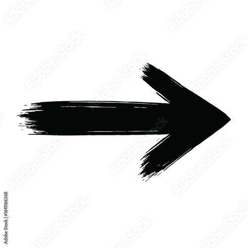 Black paint brush stroke arrow pointing right on white background, abstract design